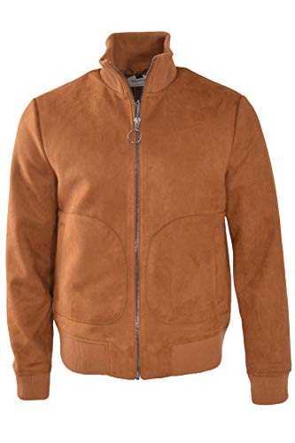 Topman Tan Faux Suede Mens Bomber Jacket Zip Front Ring Pull Heavy Lined