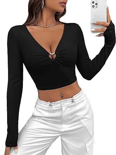 GORGLITTER Women's Cut Out Long Sleeve Crop Top Ruched Heart Ring Linked Skinny T Shirt Going Out Top