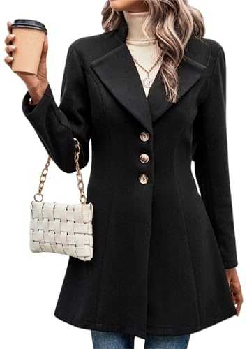 Women's Woolen Coat,Winter Wool Blend Trench Coat, Notched Lapel Single Breasted Flare Mid Length Jackets Outwear