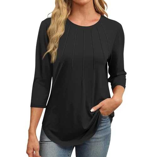 Lightweight Work Tops for Women UK Pleated Crew Neck T Shirts Casual Office Work 3/4 Long Sleeve T-Shirts Basic Slim Fit Tee Top Fashion Dressy Tunic Tops Spring/Fall Womens Blouses