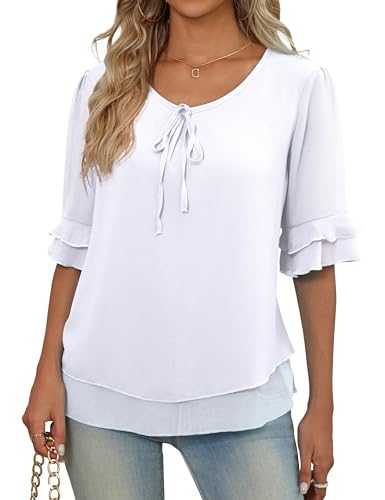 GingDin Womens Blouses Round Neck Short Sleeve Summer Chiffon Work Tunic Ladies Tops Dressy Casual T-Shirts