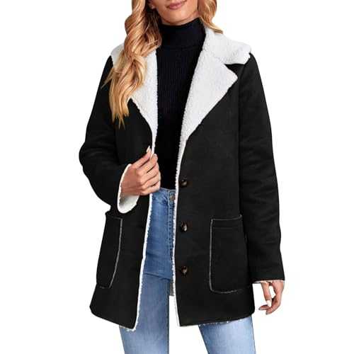FNKDOR Women's Winter Jacket for Women UK Faux Suede Shearling Coat Thermal Winter Warm Overcoat Ladies Sherpa Fleece Lined Thicken Trucker Jackets Sheepskin Buckle Casual Plush Cardigans with Pockets