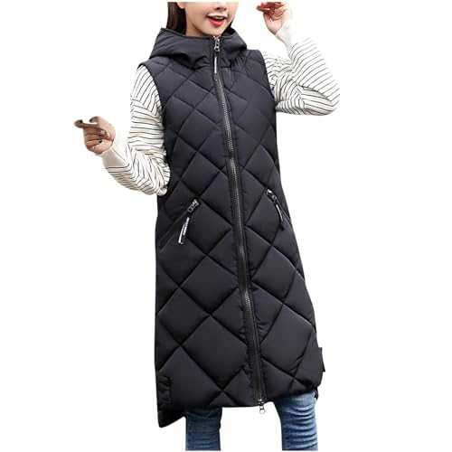Womens Longline Gilet Plus Size Puffer Vest Sleeveless Quilted Long Jacket Winter Down Cotton Waistcoat Winter Warm Down Padded Coat with Pockets Thickened Outwear Long Coats Ladies Warm Bodywarmer