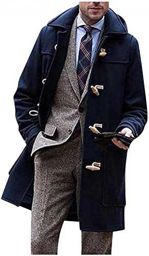 Vagbalena Men's Autumn and Winter Windproof and Warm Duffle Collar Windbreaker mid-Length Windbreaker with Hood, Slim-fit Wool Trench Coat with Hood
