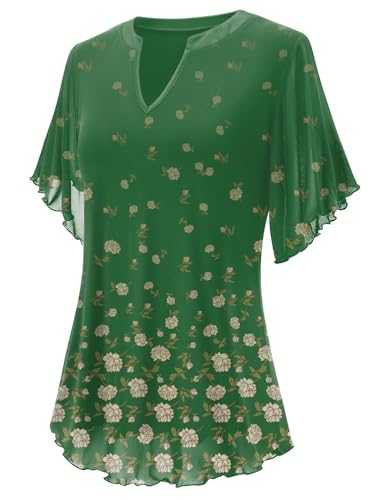 LUYAA Womens Ruffle Sleeve V Neck Tops Floral Loose Fit Blouses Tunic Short Sleeve Flowy Shirts Dressy
