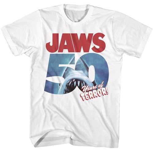 Jaws T Shirt 50 Years of Terror Adult White Short Sleeve Shark Horror Movie Vintage Style Graphic Tees