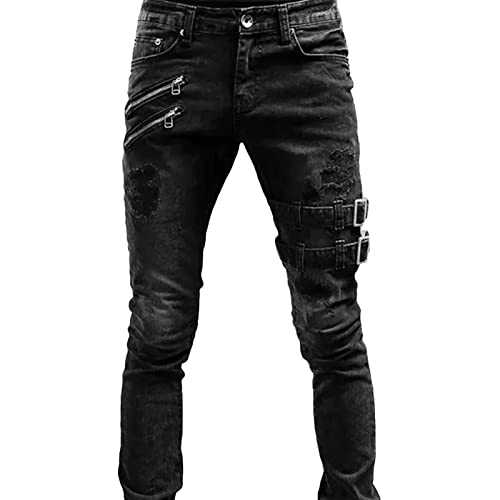 Maiyifu-GJ Men's Distressed Moto Biker Jeans Ripped Punk Gothic Zipper Denim Pants Hip hop Tapered Leg Slim Fit Jean