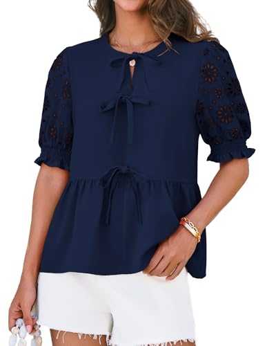 GRACE KARIN Womens Puff Short Sleeve Tops Crew Neck Bowtied T Shirts for Women Women's Blouses and Shirts