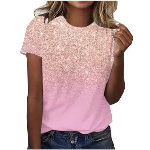 Ladies Tops Gradient Top for Women Ladies Sparkling Blouses Short Sleeve 3D Print Tunic Tops Shirts Crewneck Casual Pullover Tops Blouse Round Neck Shiny Glitter Tee Shirts UK Clearance