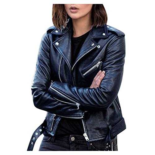 Zeiayuas Womens Faux Leather Jacket Zip Up Motorcycle PU Moto Biker Outwear Slim Fitted Short Moto Jacket Turndown Neck Zipper Long Sleeve Biker Coat with Pockets