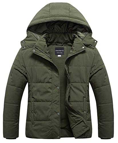CREATMO US Women's Plus Size Warm Puffer Jacket Waterproof Fleece Lined Winter Coat with Removable Hood, Army Green, Large