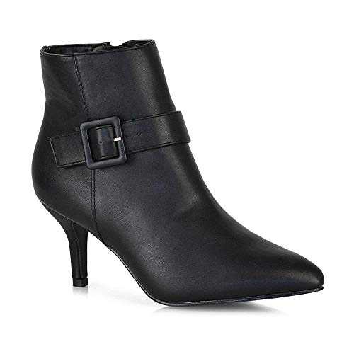 ESSEX GLAM Womens Low Mid Kitten Heel Ankle Boots Ladies Buckle Strap Pointed Toe Booties Shoes