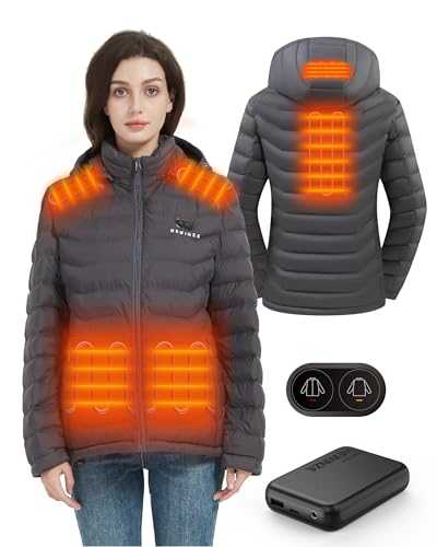 HEWINZE Heated Jacket Women Men with Hood, Warm Puffer Jacket Women Men with Battery, Winter Jacket for Outdoor Hiking Hunting Motorcycle Camping, 7.4 V double switch, grey, XS
