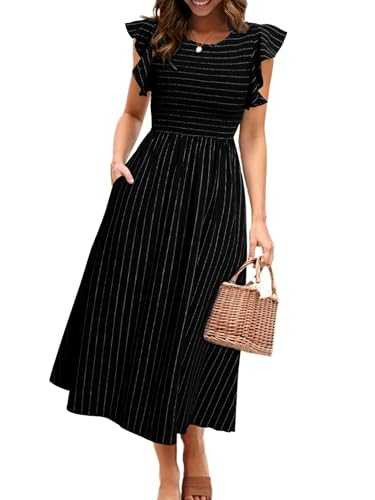 Simplee Womens Striped Midi Summer Dress Smocked Flutter Short Sleeve Dress 2025 Flowy Casual Dress with Pockets