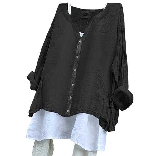 Women Shirts Solid Color Loose Plus Size Long Cotton Texture Dress Shirt 2 in 1 Summer Top with Pocket Comfort Oversized Loose Blouse Fashion Baggy Breathable Tops Regular Size