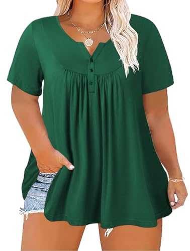 ForHailey Women's Plus Size Top Henley Neck Button Up Summer Short Sleeve Tunics Top Basic Ladies Loose Fit T Shirt