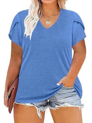 TAKEYAL Women's Plus Size T Shirts Petal Sleeve V Neck Tee Tops Summer Cute Baggy Casual Blouses XL-5XL 2024