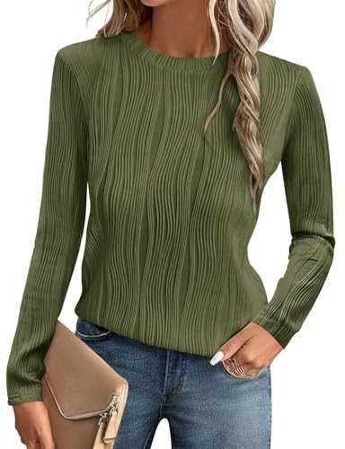 Gemulate Long Sleeve Basic T-Shirts Crewneck Womens Tops Trendy Dressy Casual Solid Loose Textured Blouses Outfits S-XXL