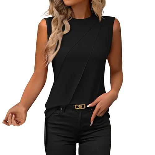 Sleeveless Blouse Women's Elegant Tank Top Women's Sports Tight Summer Blouses Round Neck Pleated Long Blouse Plain Figure-hugging Cotton Shirt Light Airy Casual Blouse Modern Blouse Shirt Loungewear