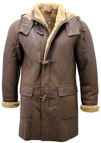 Men's Brown Sheepskin Leather Detachable Hood Duffle Coat