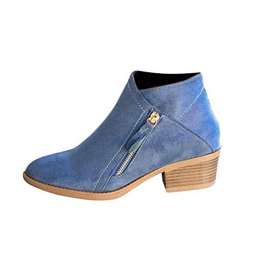 Rikay Vintage Cowboy Ankle Boots for Women UK Chunky Stacked Heel Suede Cut Out Short Boots Ladies Side Zip Fashion Chelsea Boots Western Cowgirls Nude Boots UK Size 5 6 7 8 9