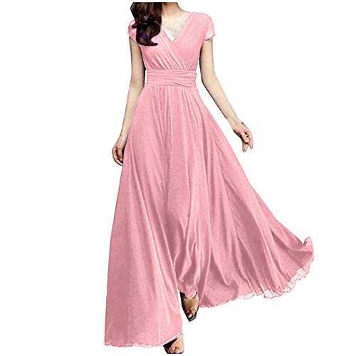 Long Dresses for Women UK Women's V-Neck Solid Color Short Sleeve Chiffon Waist Closing Evening Dress