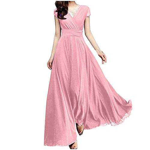 Summer Dress Women's V-neck Solid Color Short Sleeve Chiffon Waist Closing Evening Dress Sale Clearance