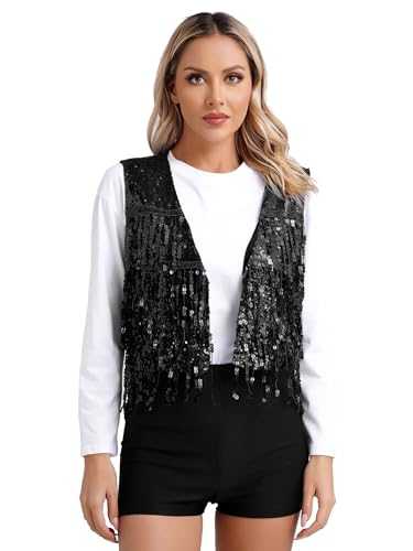 iEFiEL Womens Sequin Fringe Sleeveless Vest Party Costume V Neck Open Front Sparkly Waistcoat Jacket Tassels Cropped Cardigan