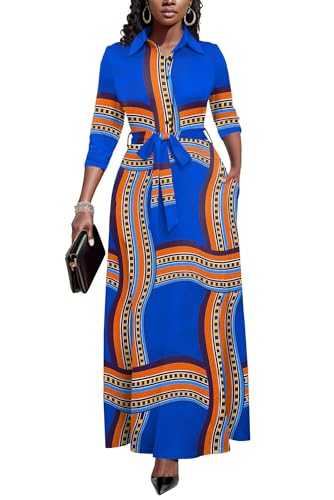 Runwind Women Church Maxi Dresses 3/4 Sleeve Button Down Print Casual Office Dress African