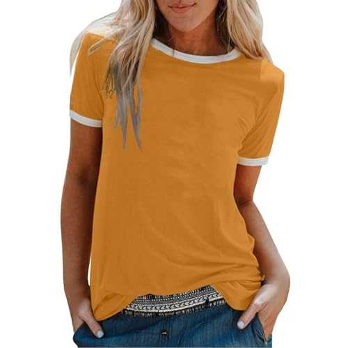 CGGMVCG Womens Short Sleeve T Shirt Ringer Tees Solid Color Crew Neck Loose Fashion Casual Tops Women Trendy