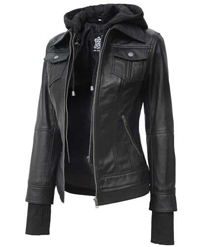 fjackets Real Leather Jacket Women - Womens leather jacket with hood Detachable