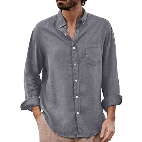 Men's Cotton Linen Long Sleeve Shirts Sport Western Basic Two Pocket Long Sleeve Shirt Summer Work Shirts Athletic for Mens Button Down Regular Fit Shirt Casual Stylish Business Dress