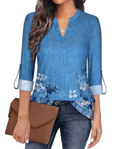 Womens Casual Tunic Blouse Loose Long Sleeve Tops V Neck 3/4 Rolled Up Sleeve Henley Shirts S-3XL