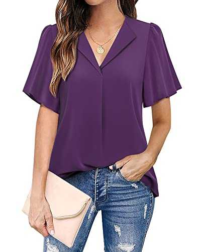 Unixseque Women's Chiffon Short Sleeve Office Blouses V Neck Casual Business Tops Work Shirts