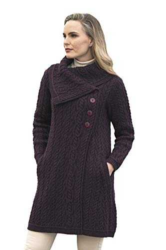 Aran Crafts Women's Cable Knit Soft Collar 3 Button Coat (100% Merino Wool)