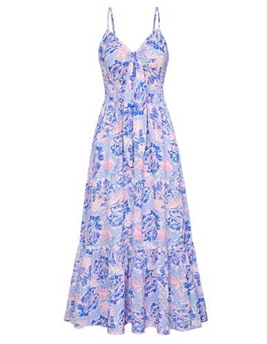 GRACE KARIN Women's 2024 Summer Beach Dress Floral V Neck Tie Front Spaghetti Strap Flowy Long Dress Boho Maxi Dress