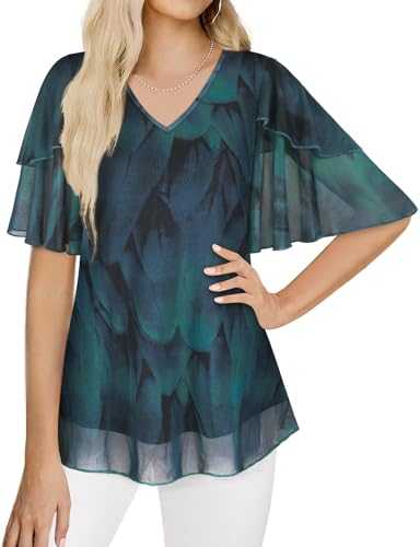 Gemulate Blouses Tops for Women UK Ladies V Neck Ruffle Sleeve Shirts Double Layered Mesh Dressy Tunics Top M-3XL