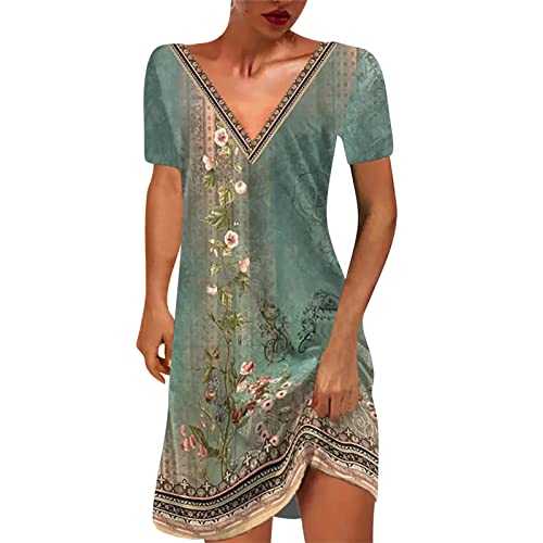 RLEHJN Summer Dresses for Women UK Elegant Sale Clearance Vintage Floral Printed Short Sleeve Beach Dresses V-Neck A-line Tunic Dress Casual Holiday Sundress Vacation Daily Cover Ups S-3XL
