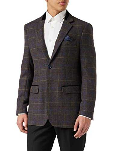 Xposed Mens Classic Tweed Suit Jacket Grey Brown Tonal Blue Check Smart Tailored Fit Blazer