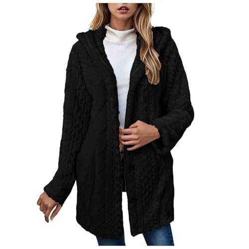 Womens Teddy Hoodies Fleece Jackets Winter Warm Coats Button Down Stylish Women Solid Color Plush Hooded Sweatshirt Ladies Casual Warm Windproof Cardigan Coat Fleece Hooded Jacket Overcoat