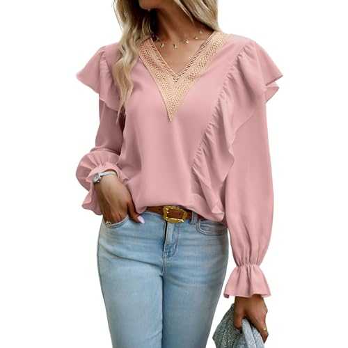 Atxnn Womens Blouses V Neck Tops Long Sleeve Boho Shirts with Lace Trim Loose Fit Flowy Tunic Top for Spring Fall