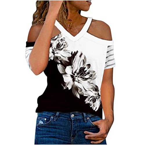 AMhomely Women Blouse Party Elegant Short Sleeve Tops for Work UK Heart Prints Stripe Cuff Tops V-Neck Blouses Cap Sleeve Tops Business Office Top Ladies Loose Shirt Blouse for Spring/Summer