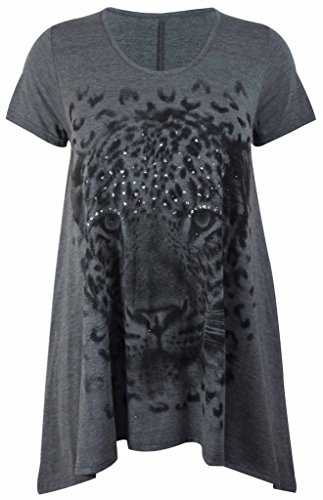 H&F Girls Malaika Women Ladies Tiger Print Sparkle Plain Stretchy Asymmetric Cap Sleeve Scoop Round Neck Hanky Hem Flared Swing Shirt Top Plus Size 12 14 16 18 20 22 24 26 28 30 XL XXL XXXL XXXXL