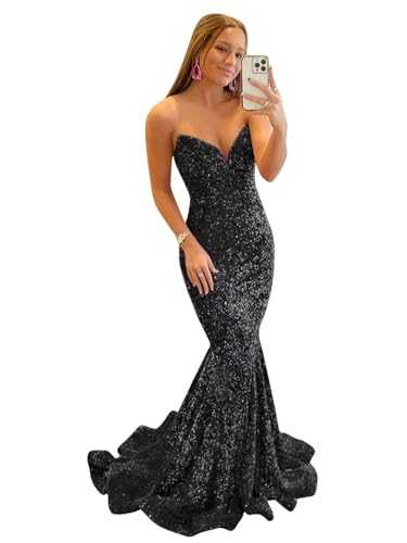 JKMMYO Sequin Prom Dresses 2024 Long Sparkly Mermaid Strapless V Neck Formal Evening Party Gowns Ruched Homecoming Dress