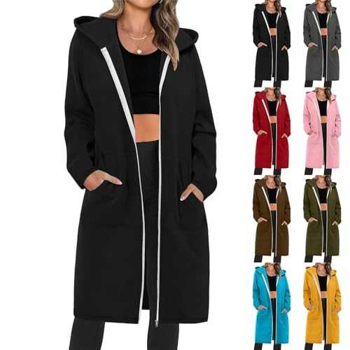 Women Full Zip Hoodie Jackets Long Sleeve Hooded Jacket Fleece Lined Fall Winter Warm Coat Solid Soft Cozy Long Outwear with Pockets Ladies Oversized Hoodie Casual Loose Long Jacket