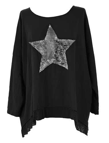 TEXTURE Ladies Women Italian Lagenlook Sequin Star Batwing Long Sleeve Washed Cotton Top Sweatshirt One Size