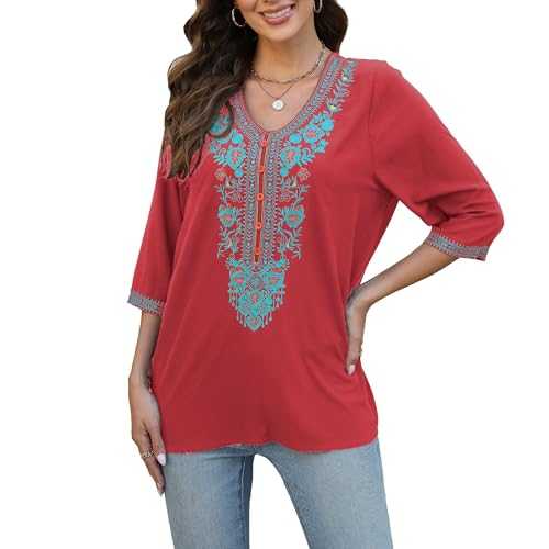 Traditional Mexican Embroidered Peasant Tops for Women, Plus Size Vintage Floral Tunic Shirts, Flowers Embroidery Blouses