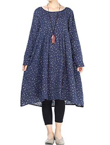 Mallimoda Women's Cotton Tunic Dresses Long Sleeve Floral Printed Vintage Dress Navy XXL