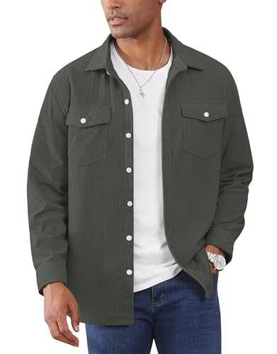 EKLENTSON Men's Corduroy Shirt Casual Long Sleeve Shacket Jacket Button Down Lightweight Jacket with Flap Pockets