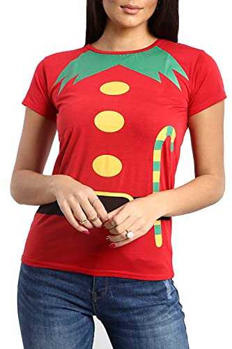 Fashion Star Womens Christmas Elf Costume Printed Cap Sleeve Round Neck Xmas Basic Tees Casual T Shirt Tee Top